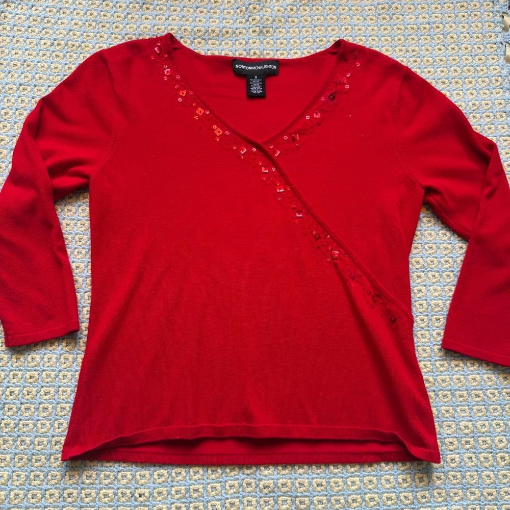 Norton McNaughton 90s Whimsigoth Red Beaded Wrap Knit Top 3/4 Sleeve Small